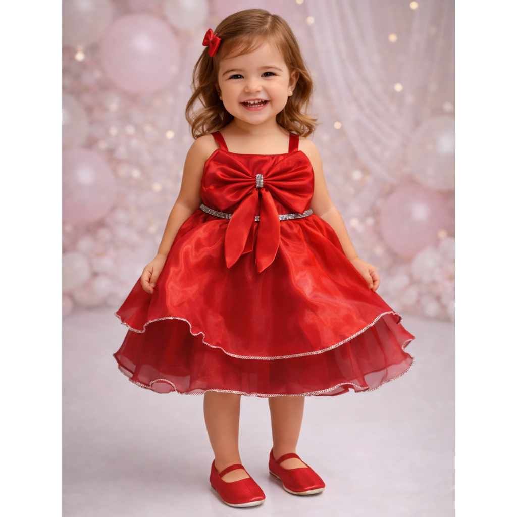Toddler Girls' Sparkling Celebration Gown – Tiered Organza Princess Dress with Oversized Bow & Crystal Accents