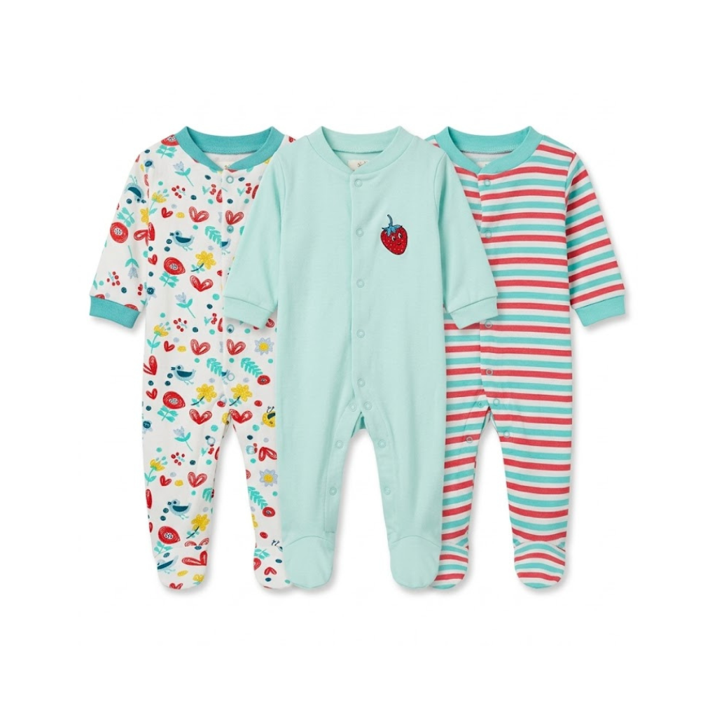 Ninos Worlds Interlock Knit Full Sleeves Footed Sleep Suits With Print & Patch Pack of 3 - Multicolor