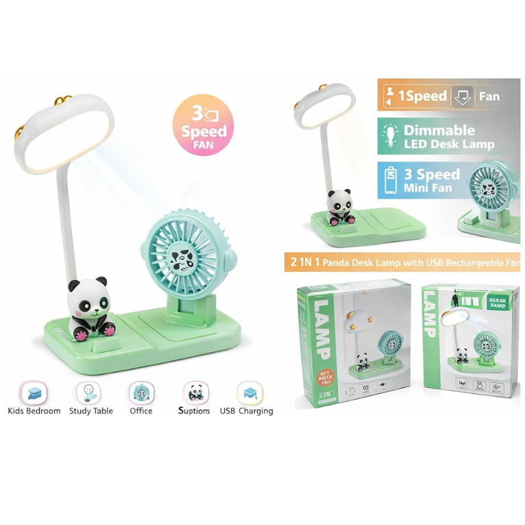 Ninos Worlds 2-in-1 Kids Study Table Lamp with Mini Fan – Cute Panda LED Desk Light