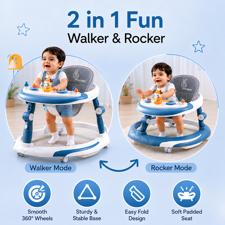 Premium 2-in-1 Baby Walker & Rocker with Music Tray, Adjustable Height & Interactive Play Panel