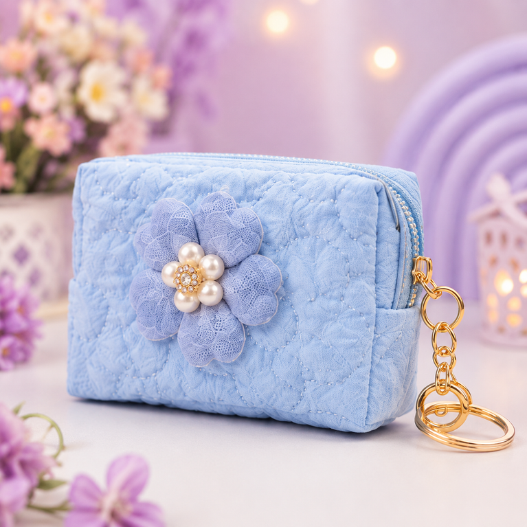 Floral Quilted Coin Purse Girls | Mini Zipper Wallet with Pearl Flower Charm, Keychain Ring | Cute Cash, Coin & Earbuds Pouch (Multi-Color)