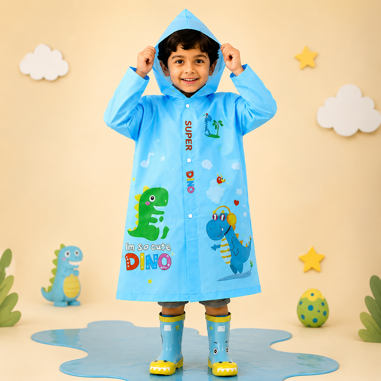Kids Waterproof PVC Hooded Raincoat with Transparent Brim & Carry Pouch | Lightweight Dino Print Rain Wear for Boys & Girls