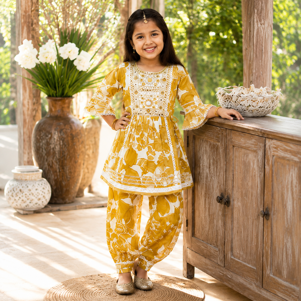 Mustard Floral Printed Kurti with Dhoti Pants Set | Embroidered Ethnic Co-ord Outfit for Kids | Festive Traditional Wear
