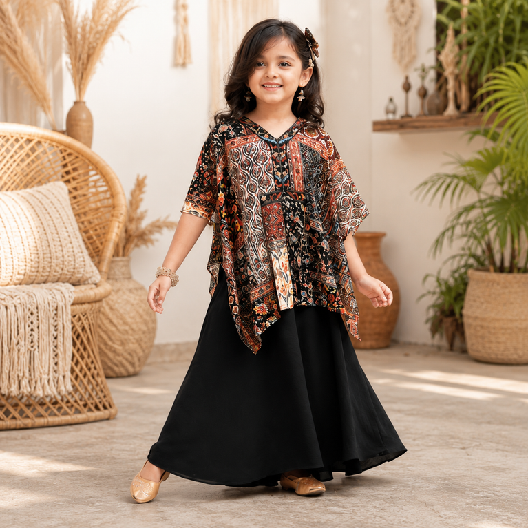 Black Multi-Print Boho Kaftan Top with Black Palazzo Set | Ethnic Wear for Kids | Comfortable Party &amp; Festive Outfit