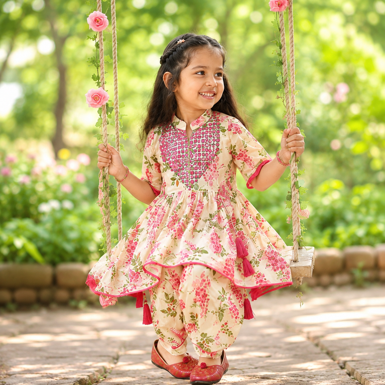 Krazy Girls Floral Printed Gotta Patti Pure Cotton Kurta with Salwar Set