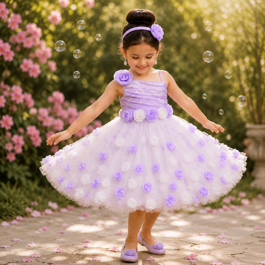 Lavender Floral Appliqué Party Dress | Sleeveless Tulle Princess Dress for Birthday, Wedding & Special Occasions
