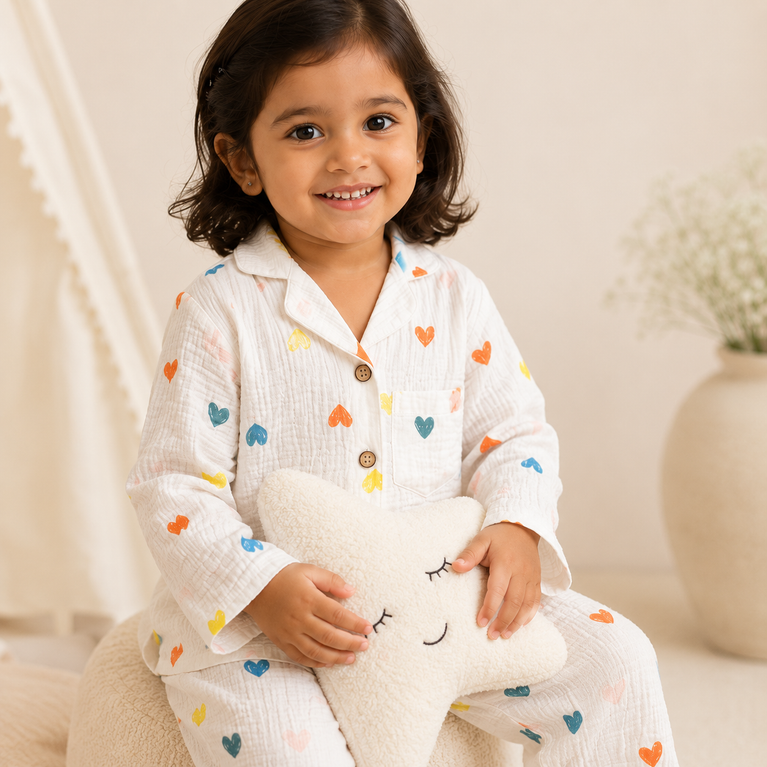 Multicolour Heart Print Cotton Co-ord Night Suit Set | White Shirt &amp; Pajamaourful Heart NightSuit