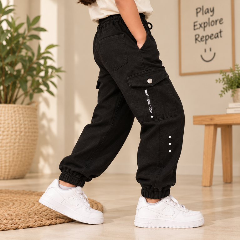 Black Cargo Jogger Pants for Girls with Utility Pockets| 9-10 years