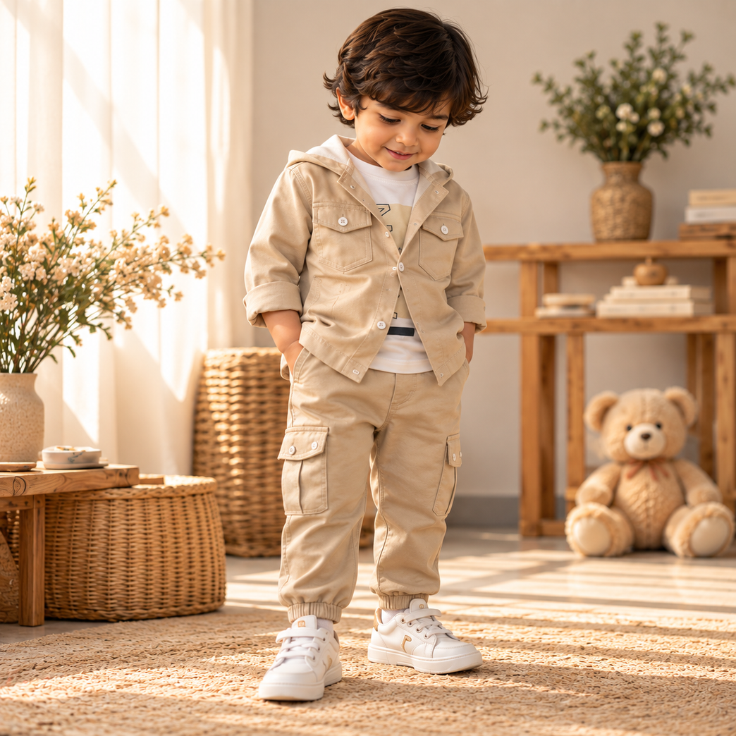 Beige Kids Cargo Jacket & Jogger Set | Stylish Casual Outfit for Boys