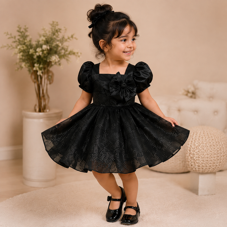 Black Shimmer Bow Party Dress for Girls | Little Plum
