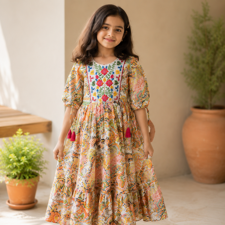 Floral Embroidered Printed Ethnic Maxi Dress with Tassel Sleeves | Festive &amp; Party Wear