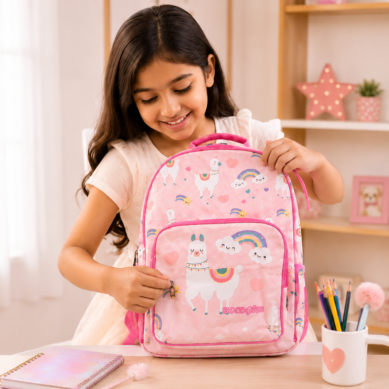 SCOOBIES Llama &amp; Rainbow Print Kids School Backpack with Padded Straps &amp; Side Mesh Pockets | Pink