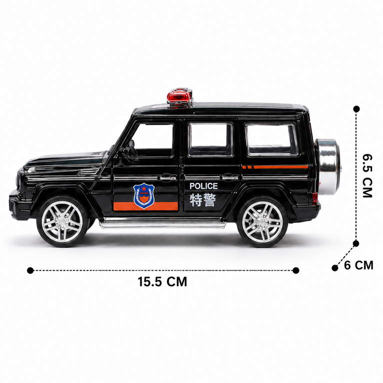 Mercedes-Benz G65 Style Alloy Police Car Toy for Kids | Pull-Back Die-Cast SUV with Light & Sound – Black