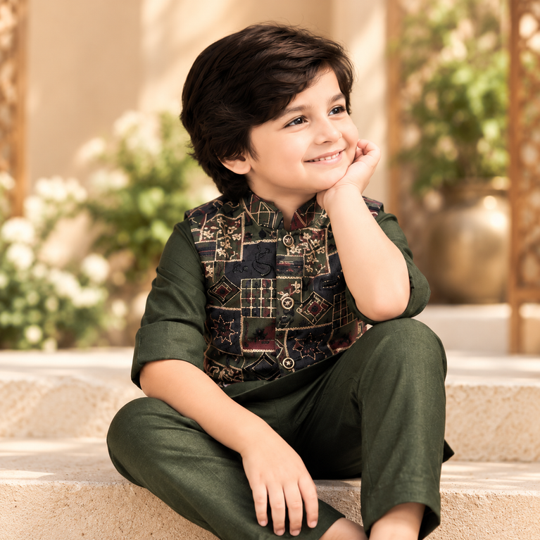 Infants Full Sleeves Solid Kurta Pyjama Set with Embroidered Printed Jacket - Olive