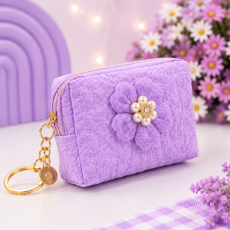 Floral Quilted Coin Purse Girls | Mini Zipper Wallet with Pearl Flower Charm, Keychain Ring | Cute Cash, Coin & Earbuds Pouch (Multi-Color)