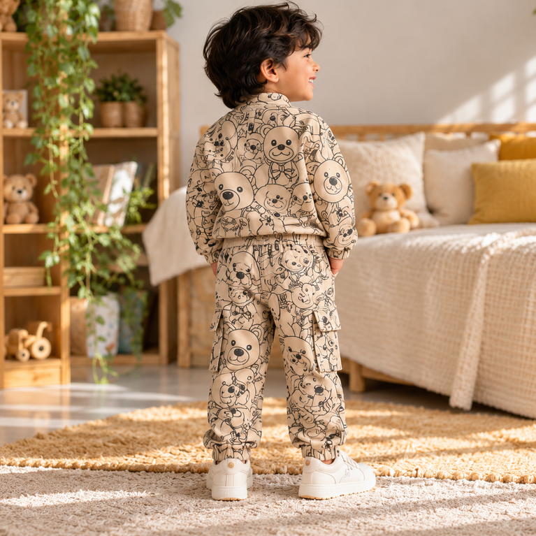 Teddy Bear Printed Co-Ord Set | Full-Sleeve Jacket & Cargo Pants