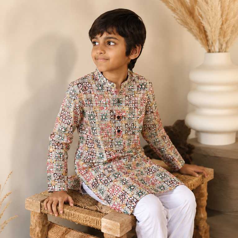 Multicolor Patchwork Print Mandarin Collar Kurta with Denim Pants Set