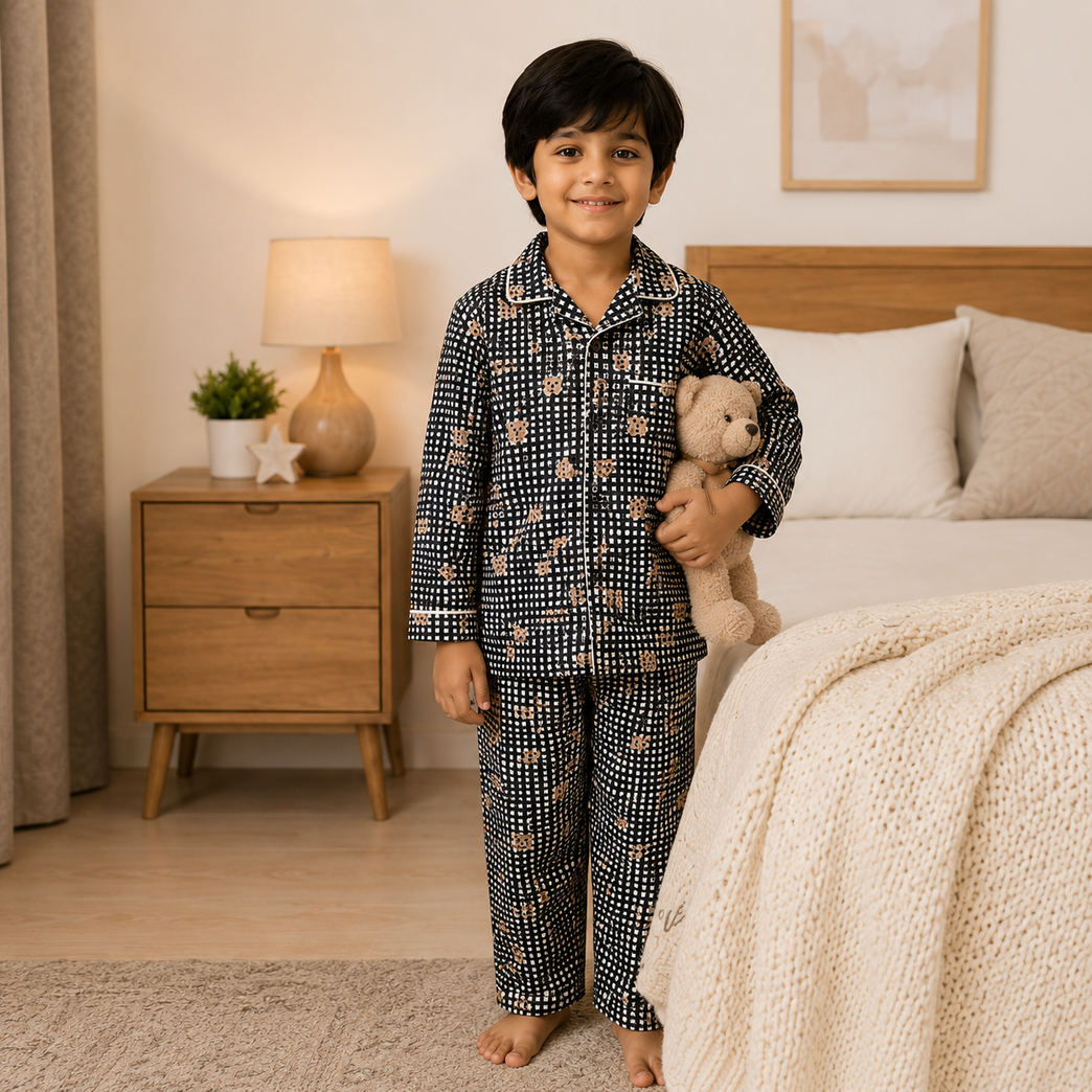 DOREME Kids Premium Cotton Teddy Bear Checkered Night Suit Set | Full Sleeve Shirt &amp; Pajama Sleepwear for Boys &amp; Girls