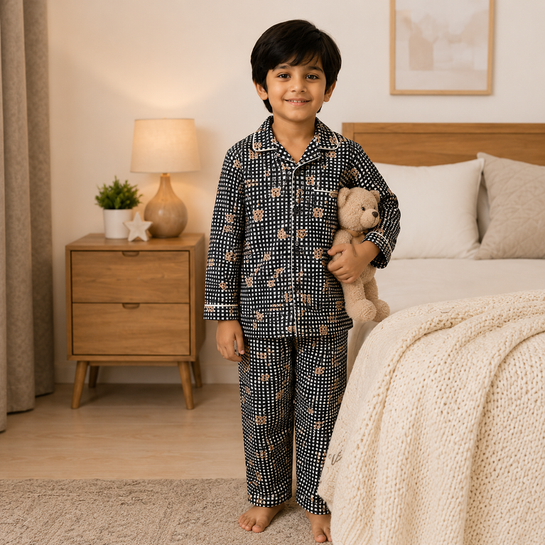 DOREME Kids Premium Cotton Teddy Bear Checkered Night Suit Set | Full Sleeve Shirt &amp; Pajama Sleepwear for Boys &amp; Girls