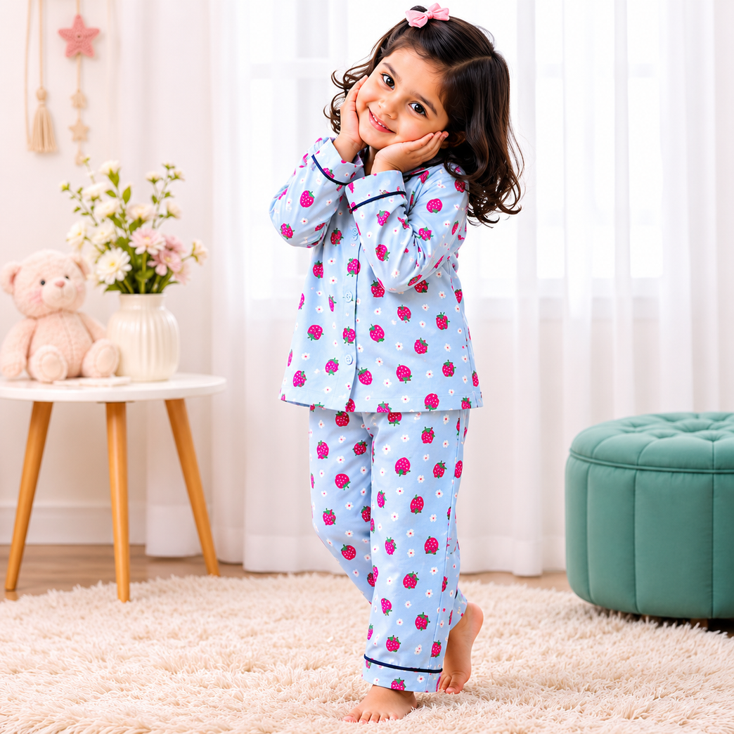 DOREME Girls Strawberry Print Cotton Night Suit Set | Soft Full Sleeve Kids Pyjama Set for Girls | Comfortable Sleepwear &amp; Loungewear