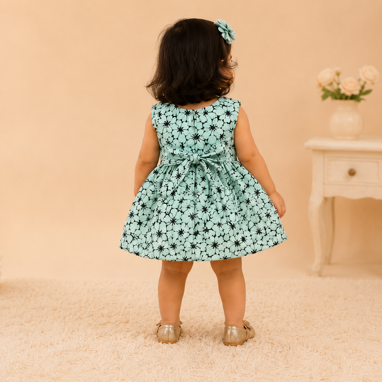Mint Green Floral Party Dress with Black Sequin Bow | Kids Festive & Birthday Dress