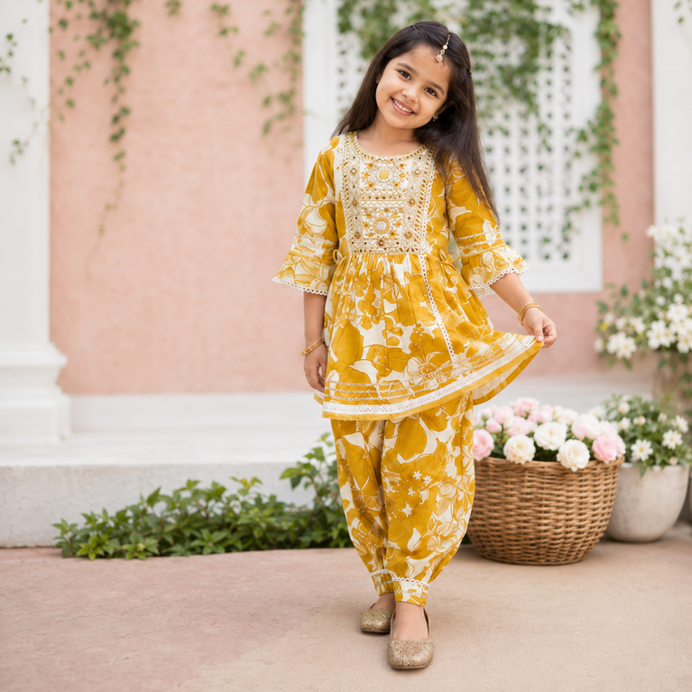Mustard Floral Printed Kurti with Dhoti Pants Set | Embroidered Ethnic Co-ord Outfit for Kids | Festive Traditional Wear