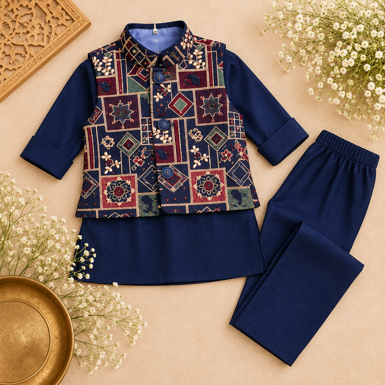 Aagam Full Sleeves Solid Kurta Pyjama Set with  Embroidered Printed Jacket - Navy Blue