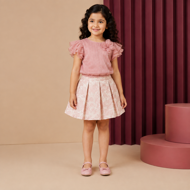 Dusty Rose Shimmer Ruffle Top & Floral Pleated Skirt Set