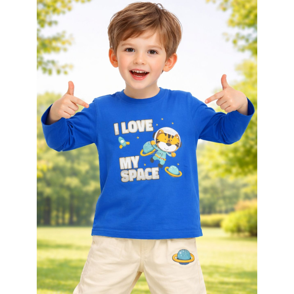 Ninos 100% Cotton Knit Full Sleeves "I Love My Space "Printed T-shirt and Pant Set for Boys