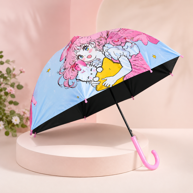 Kids Cartoon Print Umbrella with Pink Handle | Cute Rain Umbrella