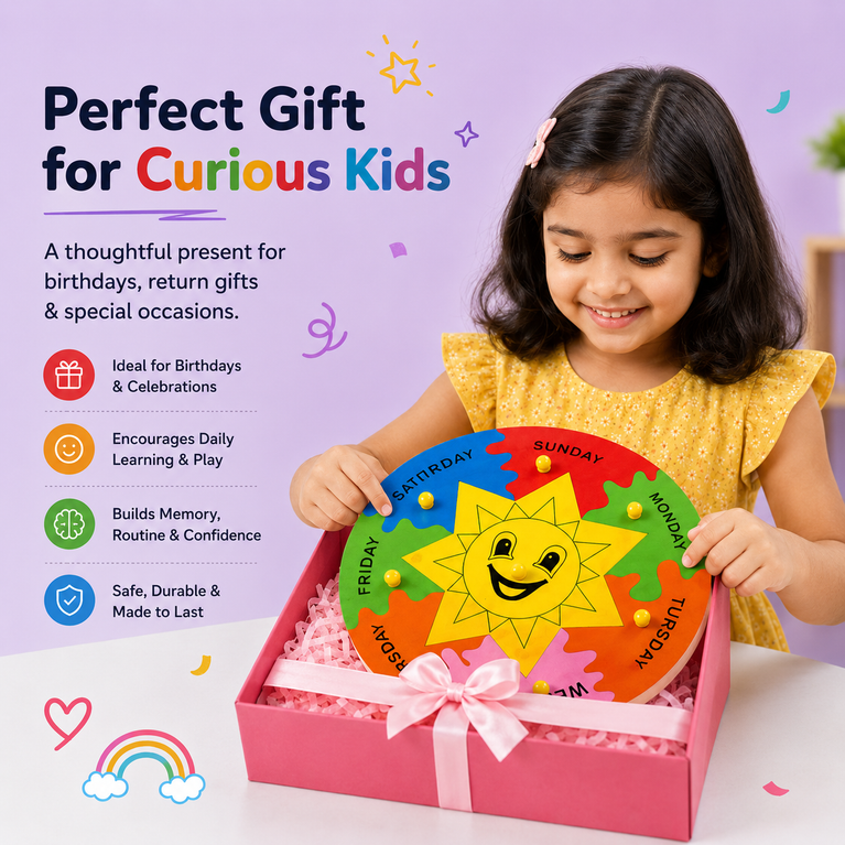 7 Days of the Week Wooden Learning Clock for Kids | Montessori Educational Calendar & Daily Routine Toy