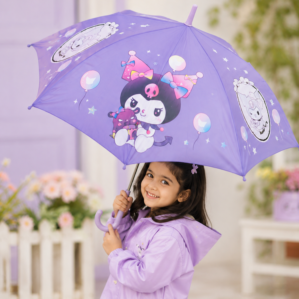 Kids Purple Cartoon Print Umbrella | Cute Lightweight Rain Umbrella with Curved Handle