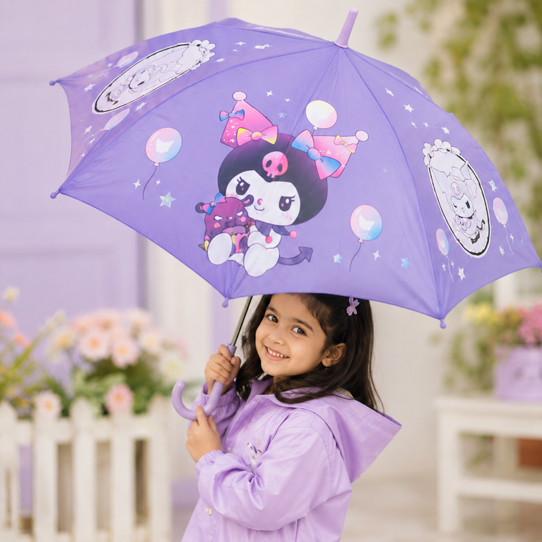 Kids Purple Cartoon Print Umbrella | Cute Lightweight Rain Umbrella with Curved Handle