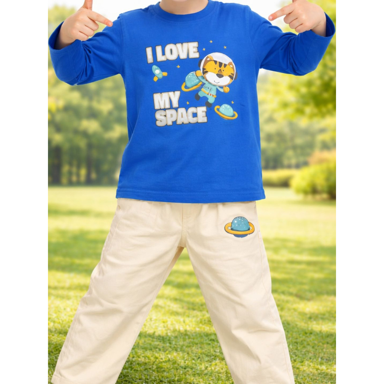 Ninos 100% Cotton Knit Full Sleeves "I Love My Space "Printed T-shirt and Pant Set for Boys
