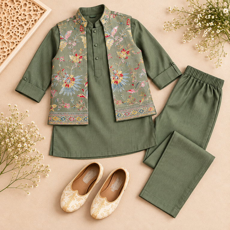 Infants Full Sleeves Ethnic Green Embroidered Bandi Kurta Set For Kids