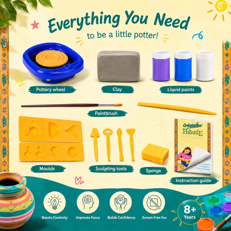 Pottery Wheel Art & Craft Kit for Kids | DIY Pottery Making & Painting Set | Creative Educational Toy (8+ Years)