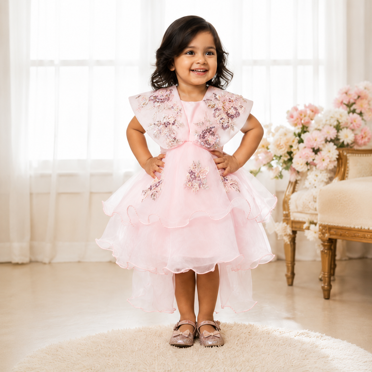 Blush Pink Floral Sequin High-Low Party Dress with Layered Ruffles