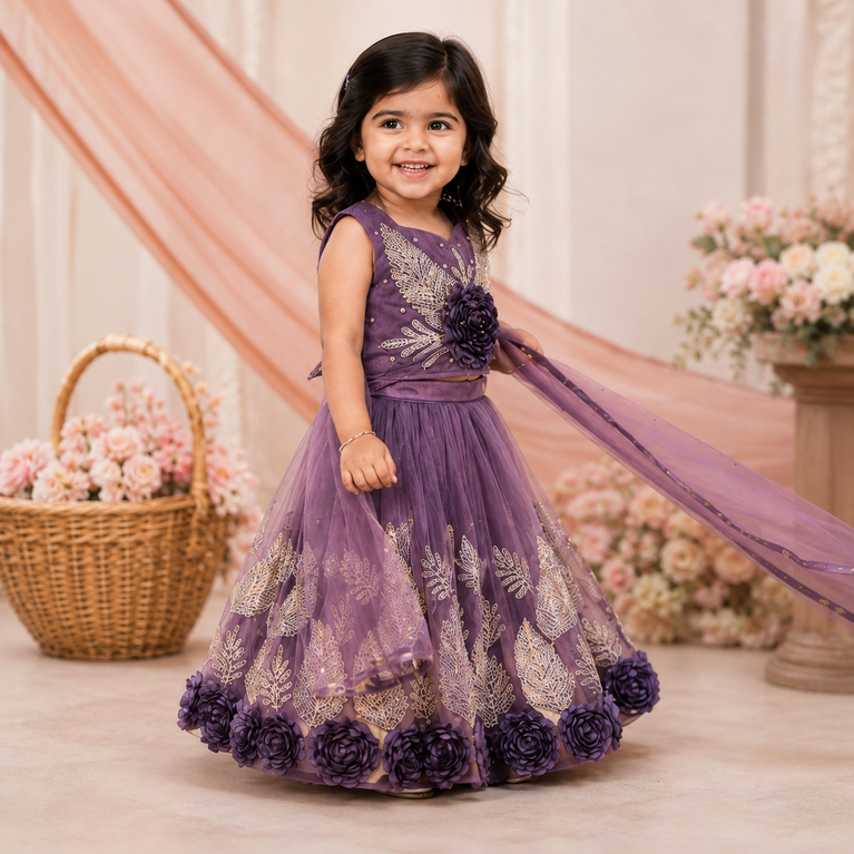 Purple Floral Embroidered Lehenga Choli Set with Net Dupatta | Designer Party Wear Ethnic Dress for Kids