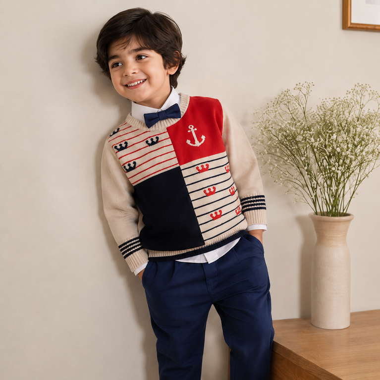 Nautical Sweater Set with Bow Tie & Trousers