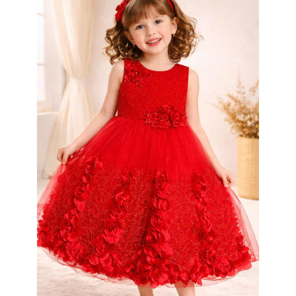 Elegant Floral Embellished Party Wear Gown for Girls with Glitter Tulle Skirt