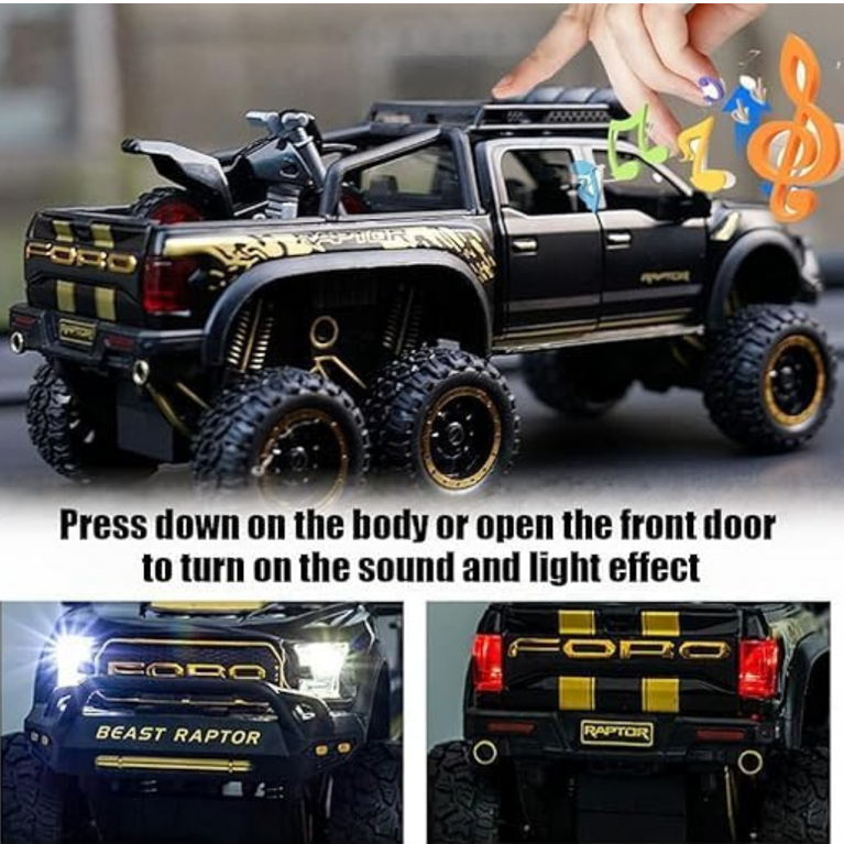 Nino's F150 Raptor 1:24 Diecast Truck with Bike, Lights & Sound (Black/Red)