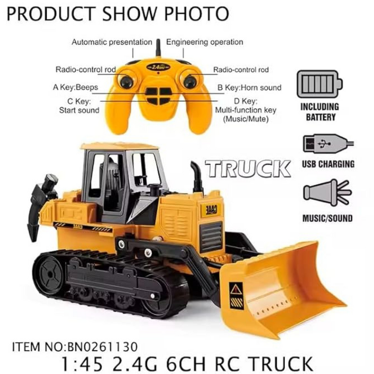 Nino's Worlds RC Bulldozer Excavator, 2.4GHz, Lights & Sound, 41cm, Orange, 4+ Years