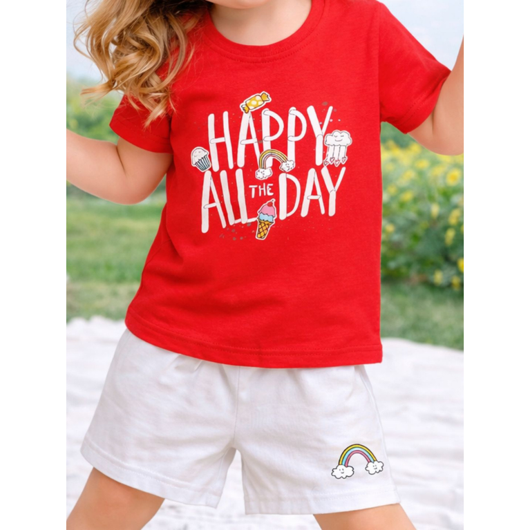 Ninos 100% Cotton Knit Half Sleeves "Happy all the Day" Printed Coordinating Tee & Shorts Set for Girls