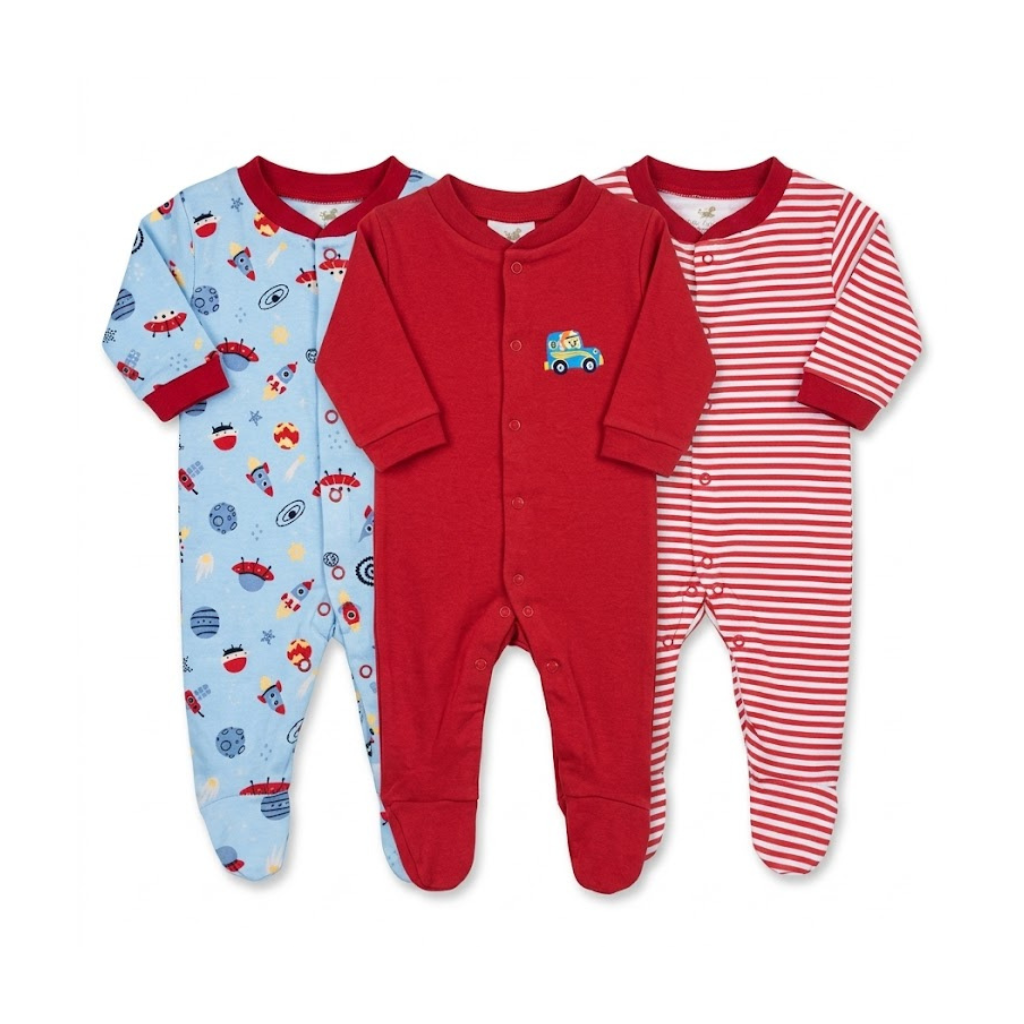 Ninos Worlds Interlock Knit Full Sleeves Footed Sleep Suits With Print & Patch Pack of 3 - Multicolor