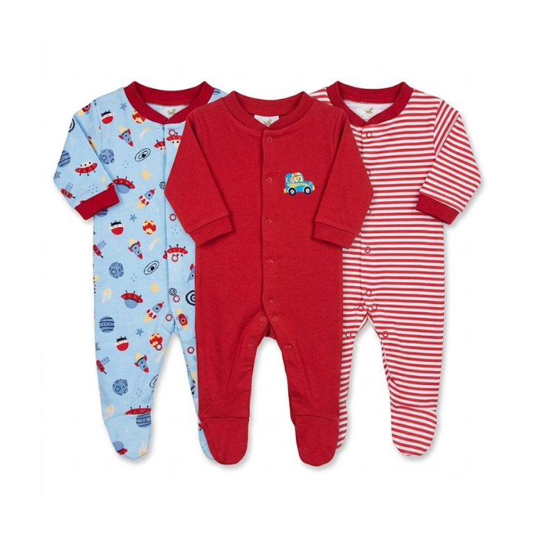 Ninos Worlds Interlock Knit Full Sleeves Footed Sleep Suits With Print & Patch Pack of 3 - Multicolor
