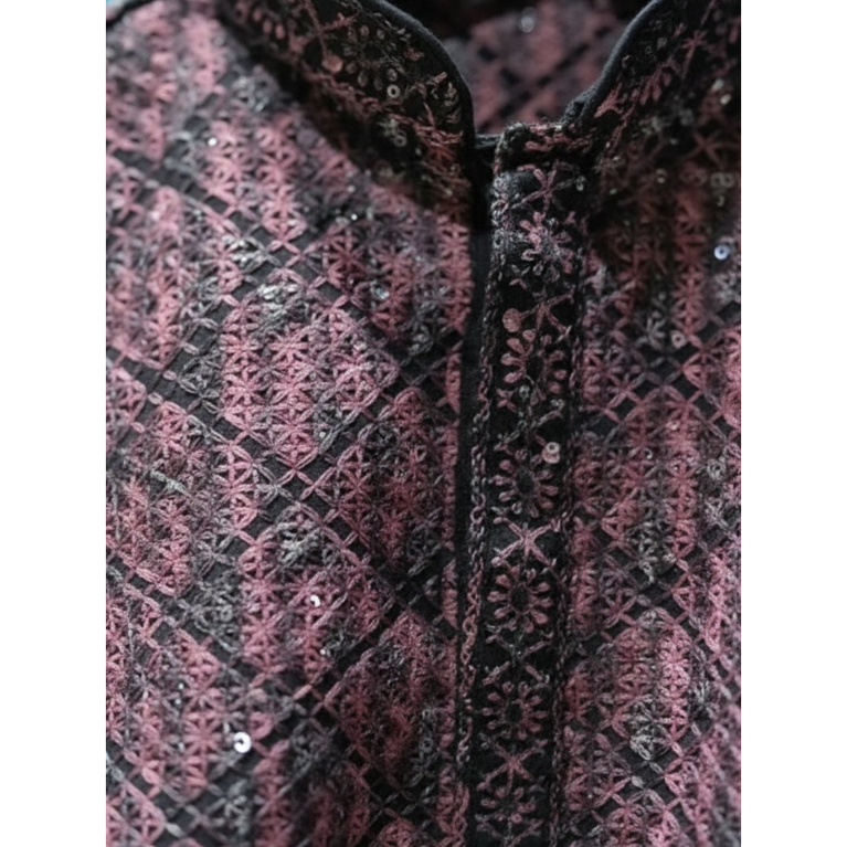 Boys Wine & Black Geometric Print Kurta with Solid Pajama Set - 2 Piece Festive Ethnic Wear