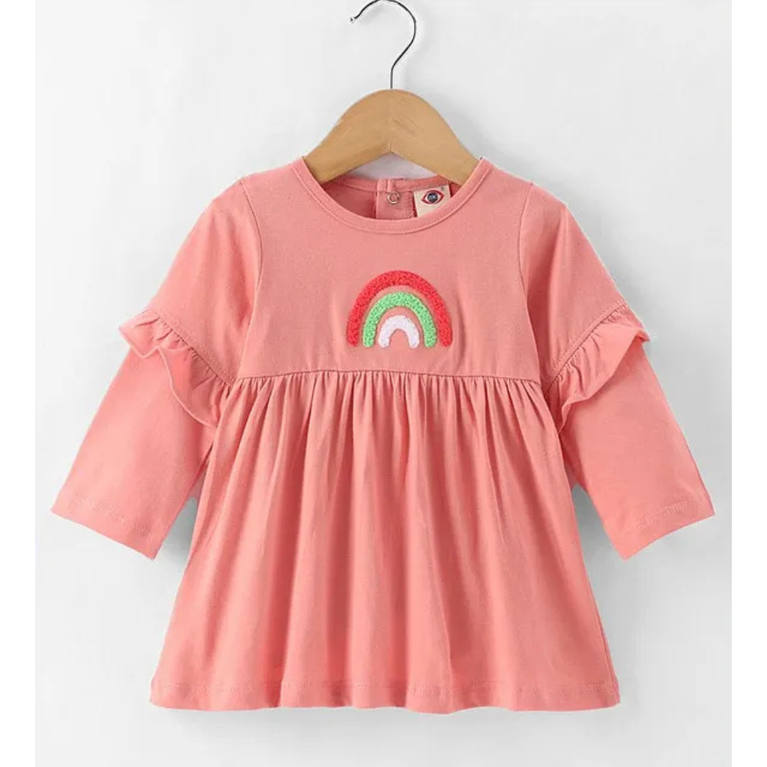Zero Sinker Knit Full Sleeves Frock with Frill Detailing & Rainbow Embroidery