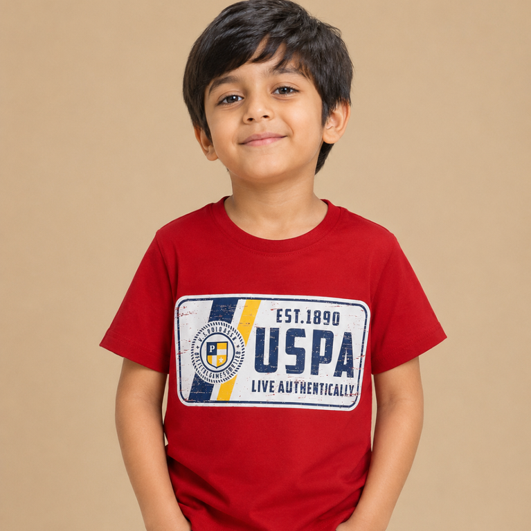 U.S POLO Kids Cotton Knit Half Sleeves Crew Neck T-Shirt with USPA Text Print , 2-11 years