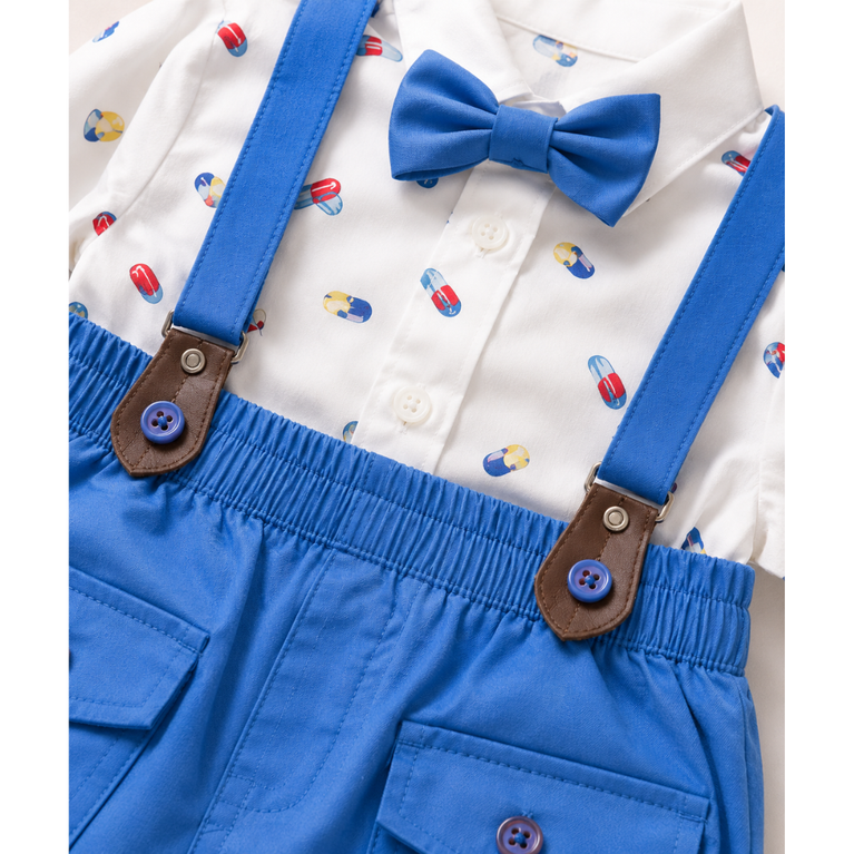 Kids Summer Printed Shirt Shorts Set with Suspenders Bow Tie Outfit