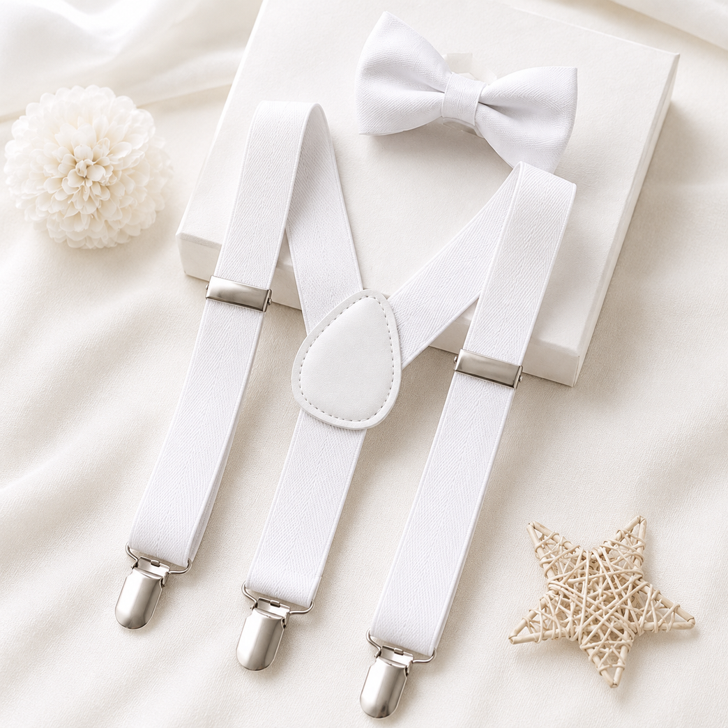 Premium Kids White Suspender & Bow Tie Set – Adjustable Y-Back Formal Braces for Boys & Girls